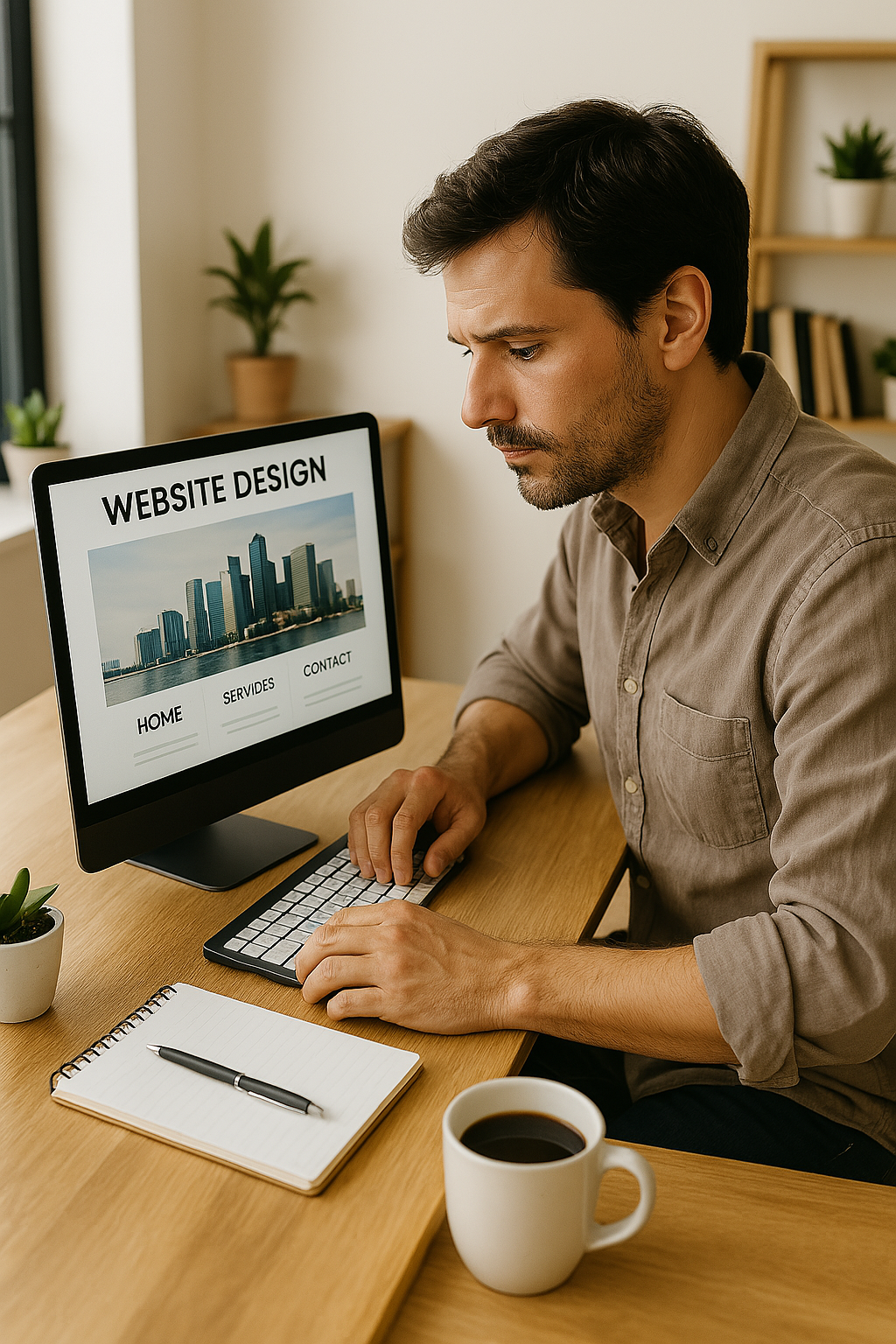 Webseite gestalten am Computer neben Kaffee und Notizblock